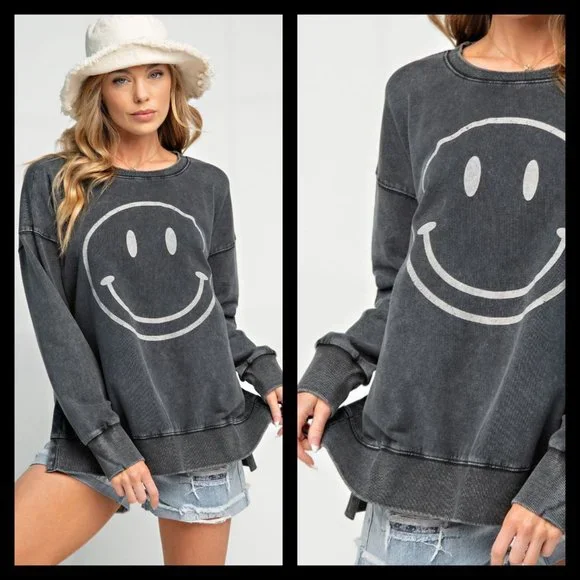 EASEL "All Smiles"  Mineral Washed 100% Soft Cotton Terry Knit Tunic Side Slits - Picture 8 of 11